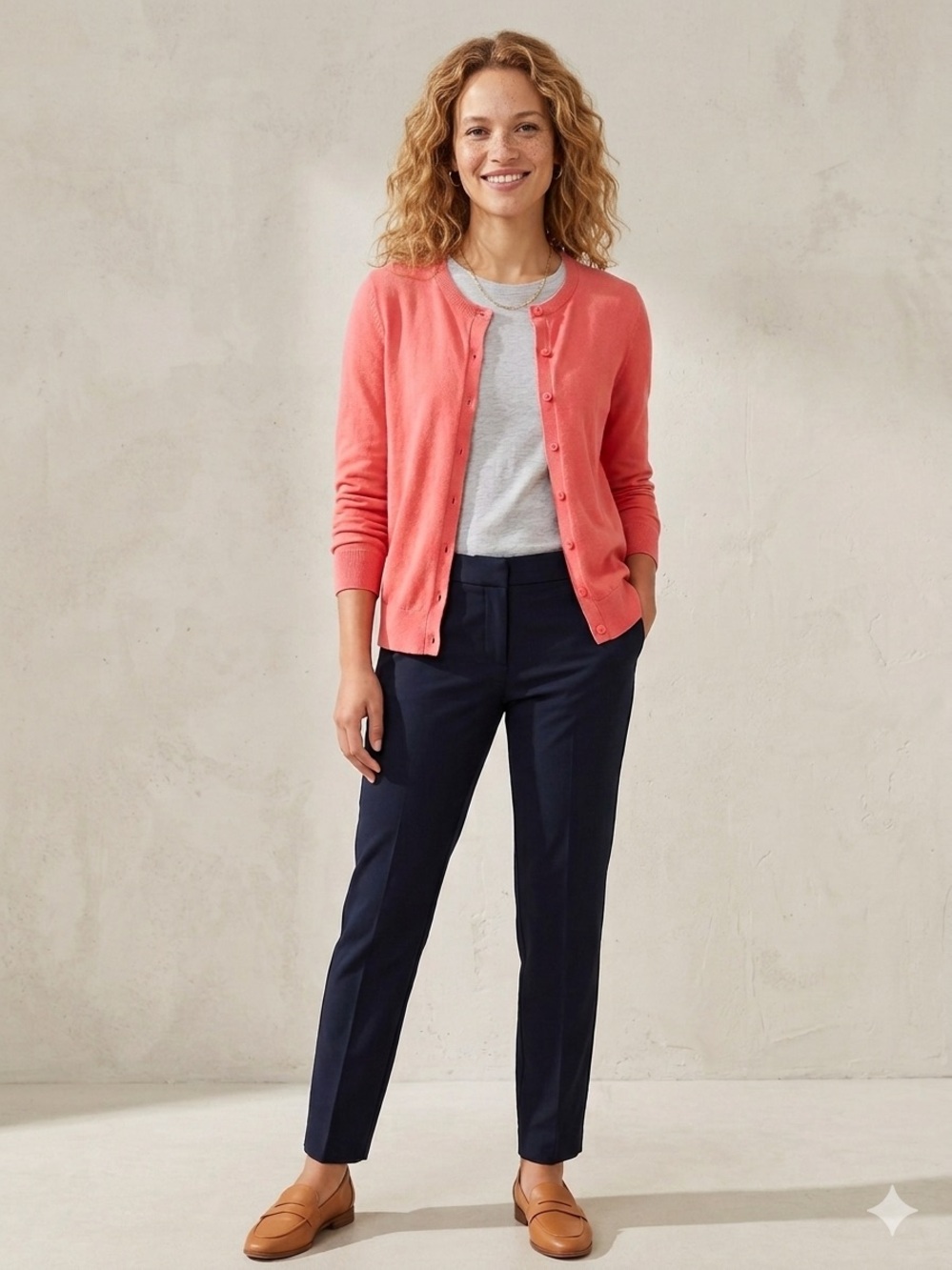 LOFT Coral Button-Up Crewneck Cardigan 100% cotton
